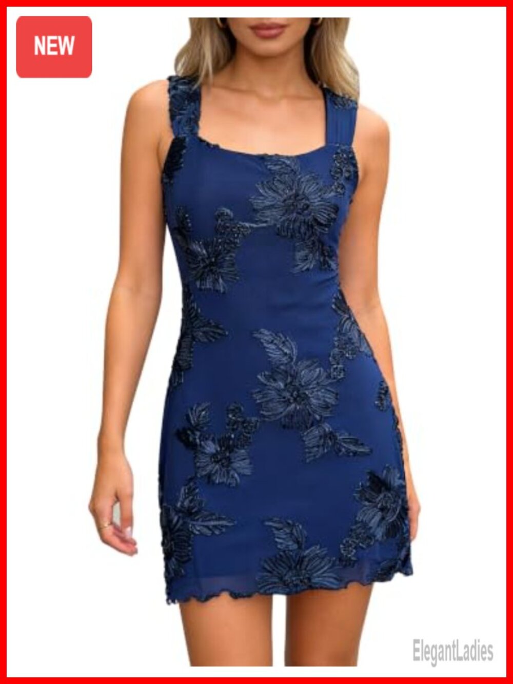 Embroidered Mesh Mini Dress Floral 3D Women Square Neck A-Line
